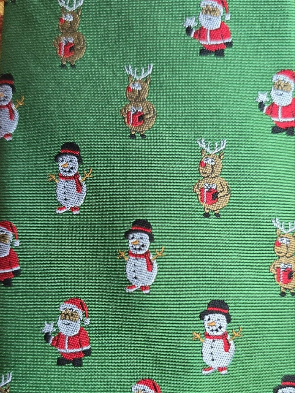 Men's Green Holiday Tie with Santa & Snowman Motif